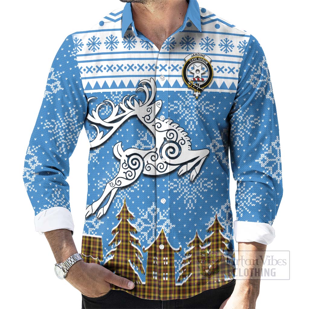 Tartan Vibes Clothing Jardine Clan Christmas Long Sleeve Button Shirt Celtic Reindeer Style