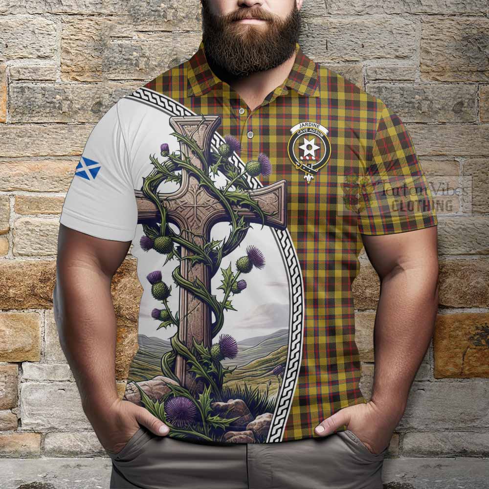 Tartan Vibes Clothing Jardine Tartan Polo Shirt with Family Crest and St. Andrew's Cross Accented by Thistle Vines