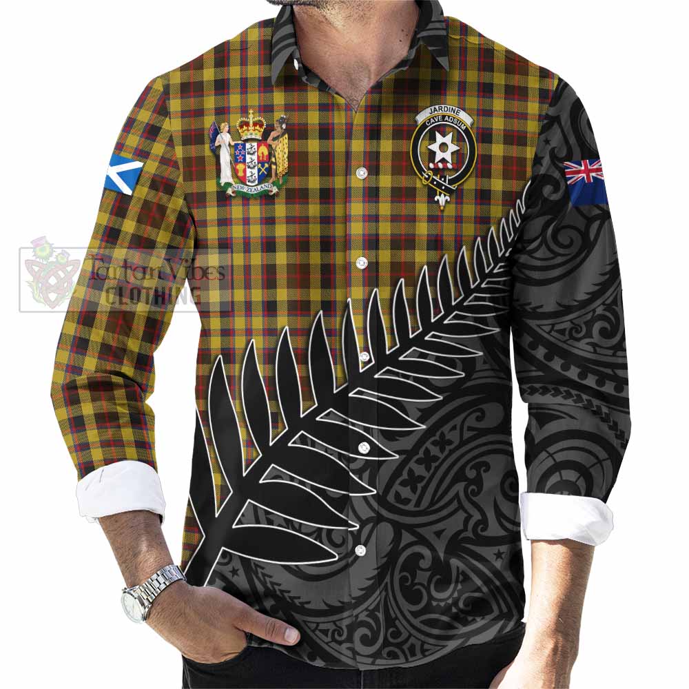 Tartan Vibes Clothing Jardine Crest Tartan Long Sleeve Button Shirt with New Zealand Silver Fern Half Style