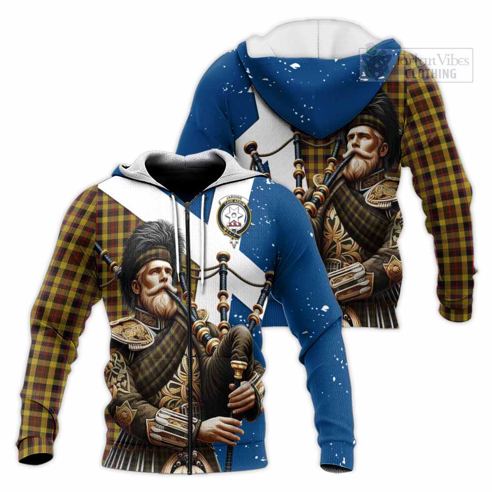 Tartan Vibes Clothing Jardine Tartan Knitted Hoodie with Family Crest Scottish Bagpiper Vibes