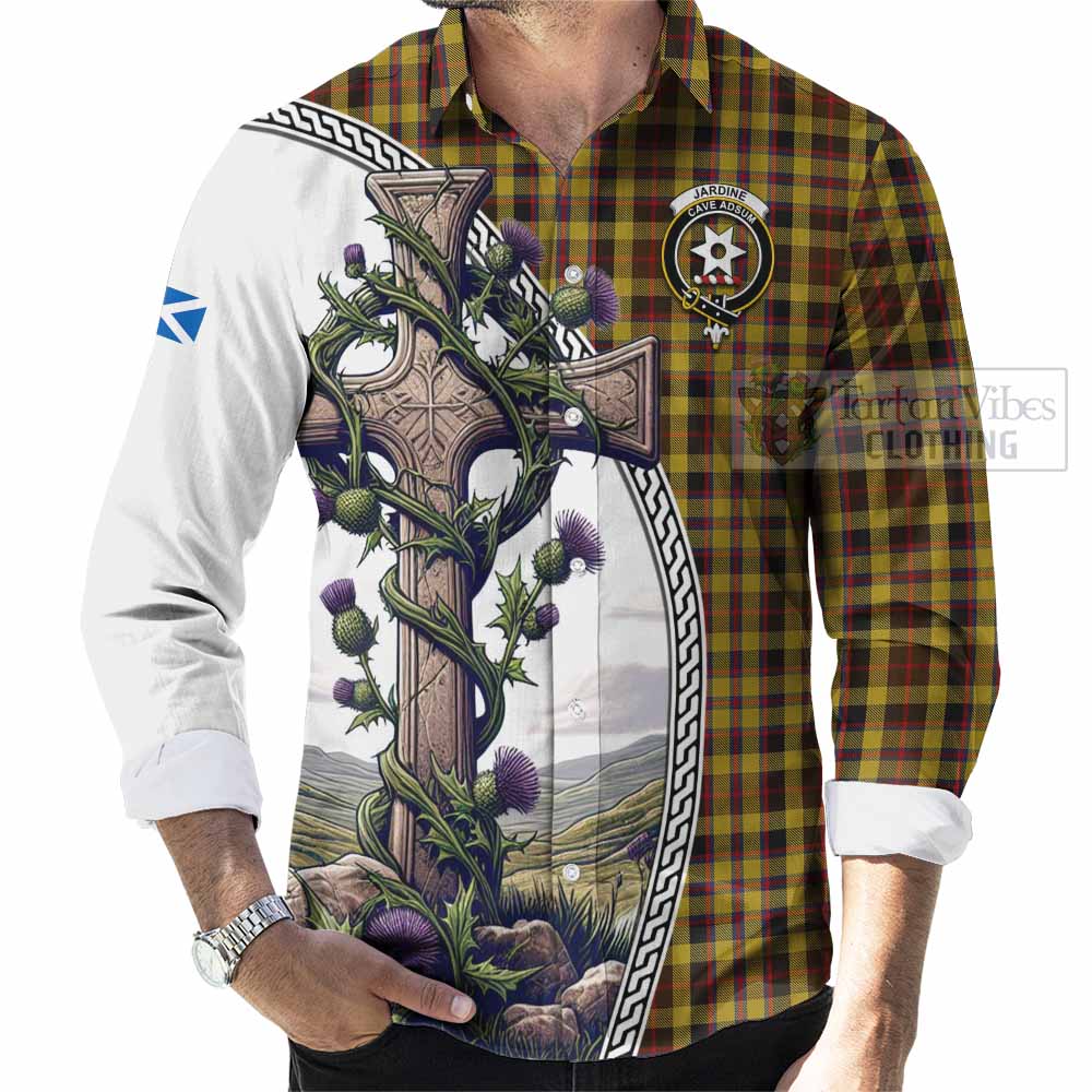 Tartan Vibes Clothing Jardine Tartan Long Sleeve Button Shirt with Family Crest and St. Andrew's Cross Accented by Thistle Vines