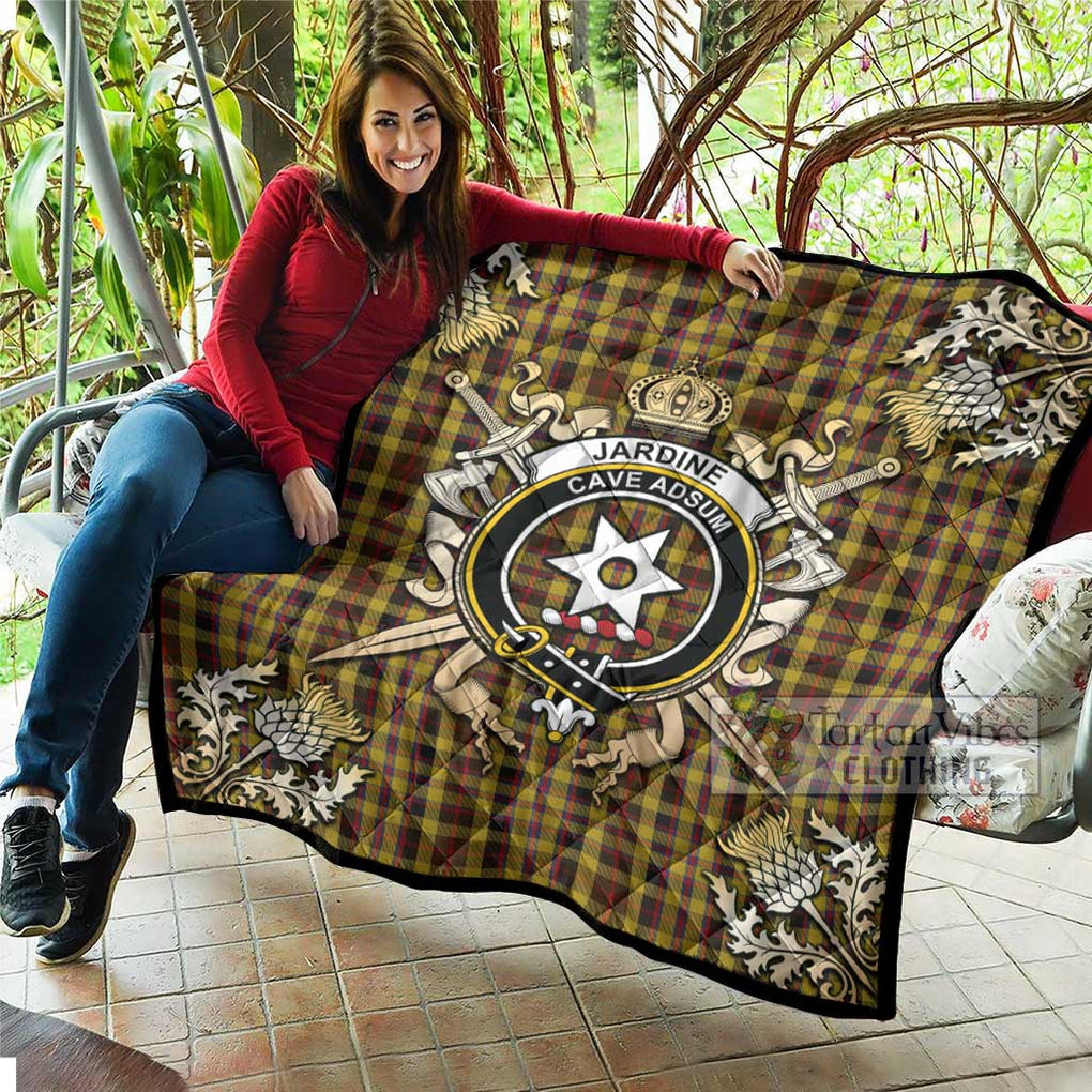 Tartan Vibes Clothing Jardine Tartan Quilt with Family Crest and Scottish Golden Courage Shield