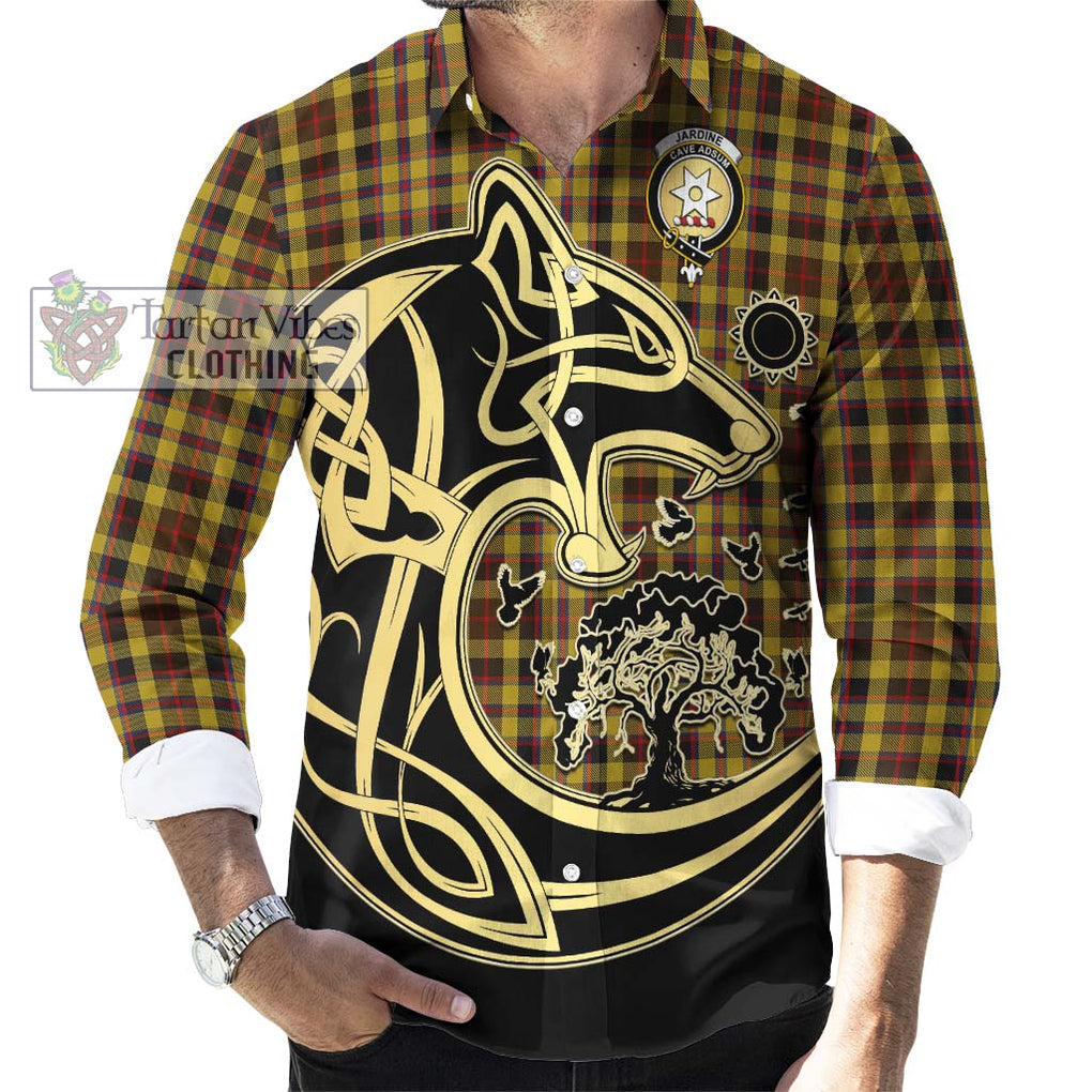 Jardine Tartan Long Sleeve Button Shirt with Family Crest Celtic Wolf Style - Tartan Vibes Clothing