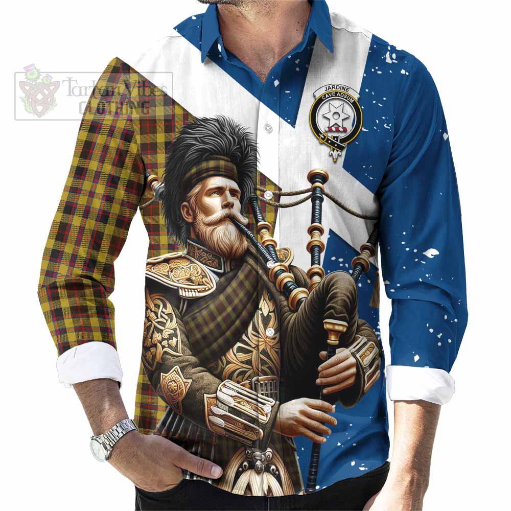 Tartan Vibes Clothing Jardine Tartan Long Sleeve Button Shirt with Family Crest Scottish Bagpiper Vibes