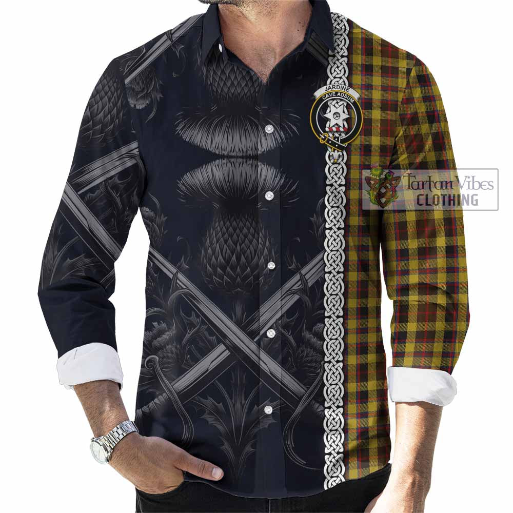 Tartan Vibes Clothing Jardine Tartan Long Sleeve Button Shirt with Family Crest Cross Sword Thistle Celtic Vibes