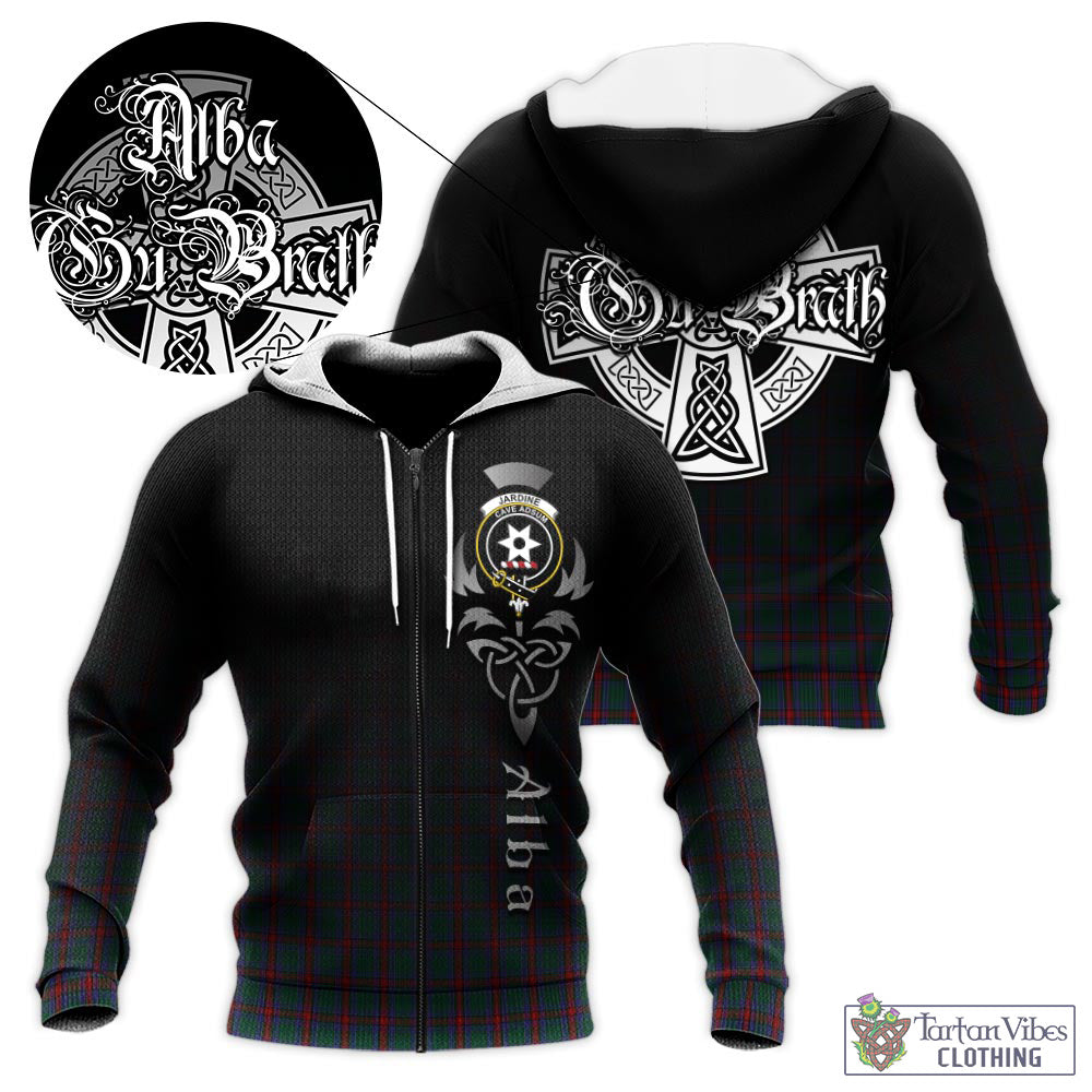 Tartan Vibes Clothing Jardine Dress Tartan Knitted Hoodie Featuring Alba Gu Brath Family Crest Celtic Inspired