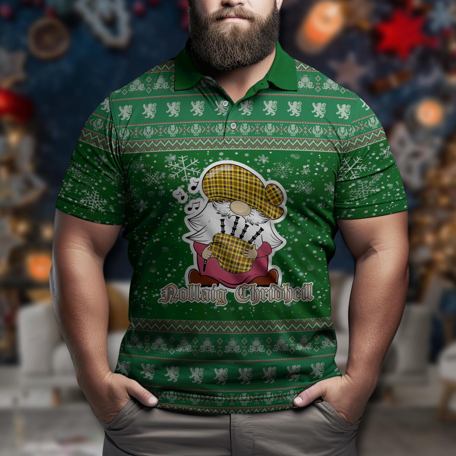 Jardine Modern Clan Christmas Family Polo Shirt with Funny Gnome Playing Bagpipes Men's Polo Shirt Green - Tartanvibesclothing