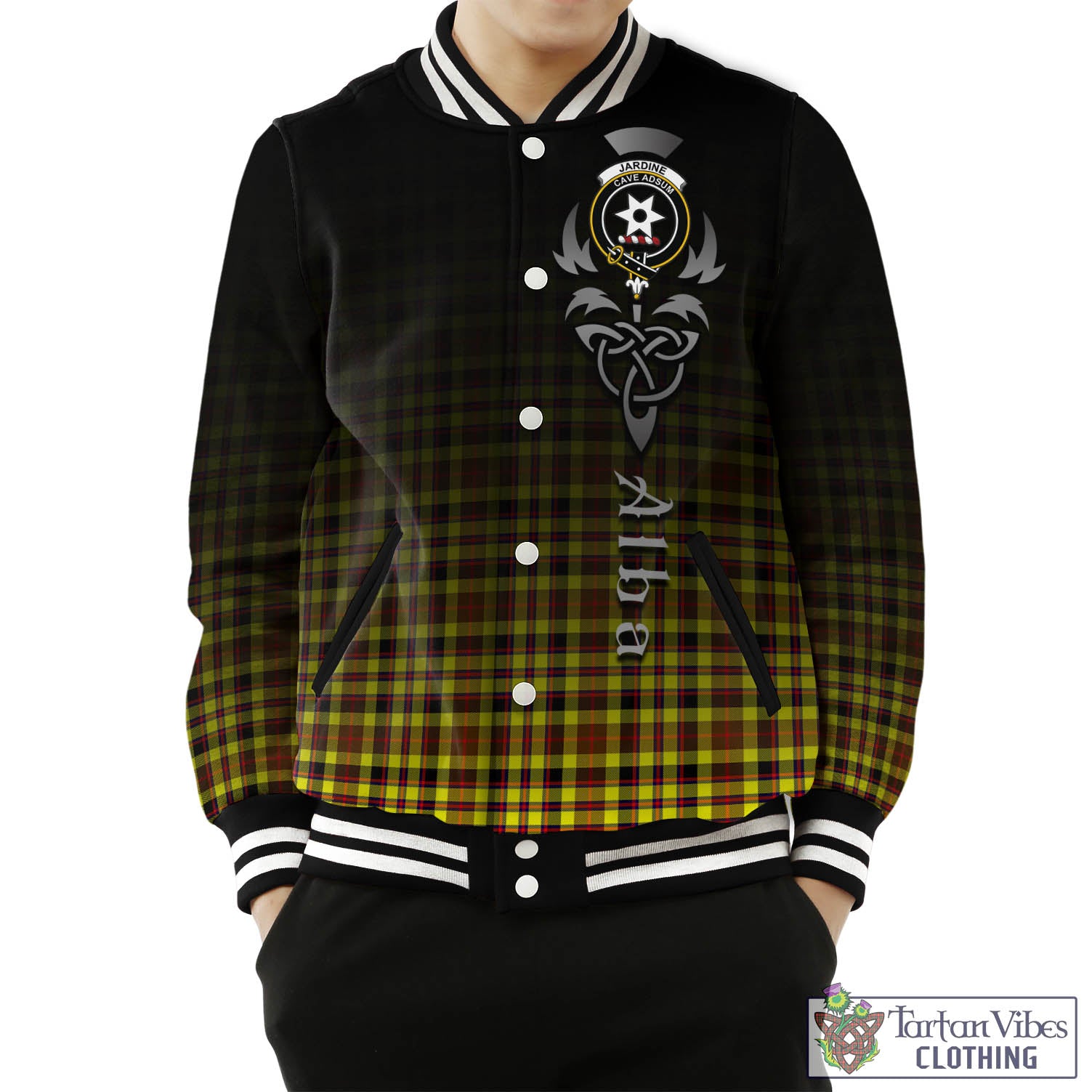 Tartan Vibes Clothing Jardine Modern Tartan Baseball Jacket Featuring Alba Gu Brath Family Crest Celtic Inspired