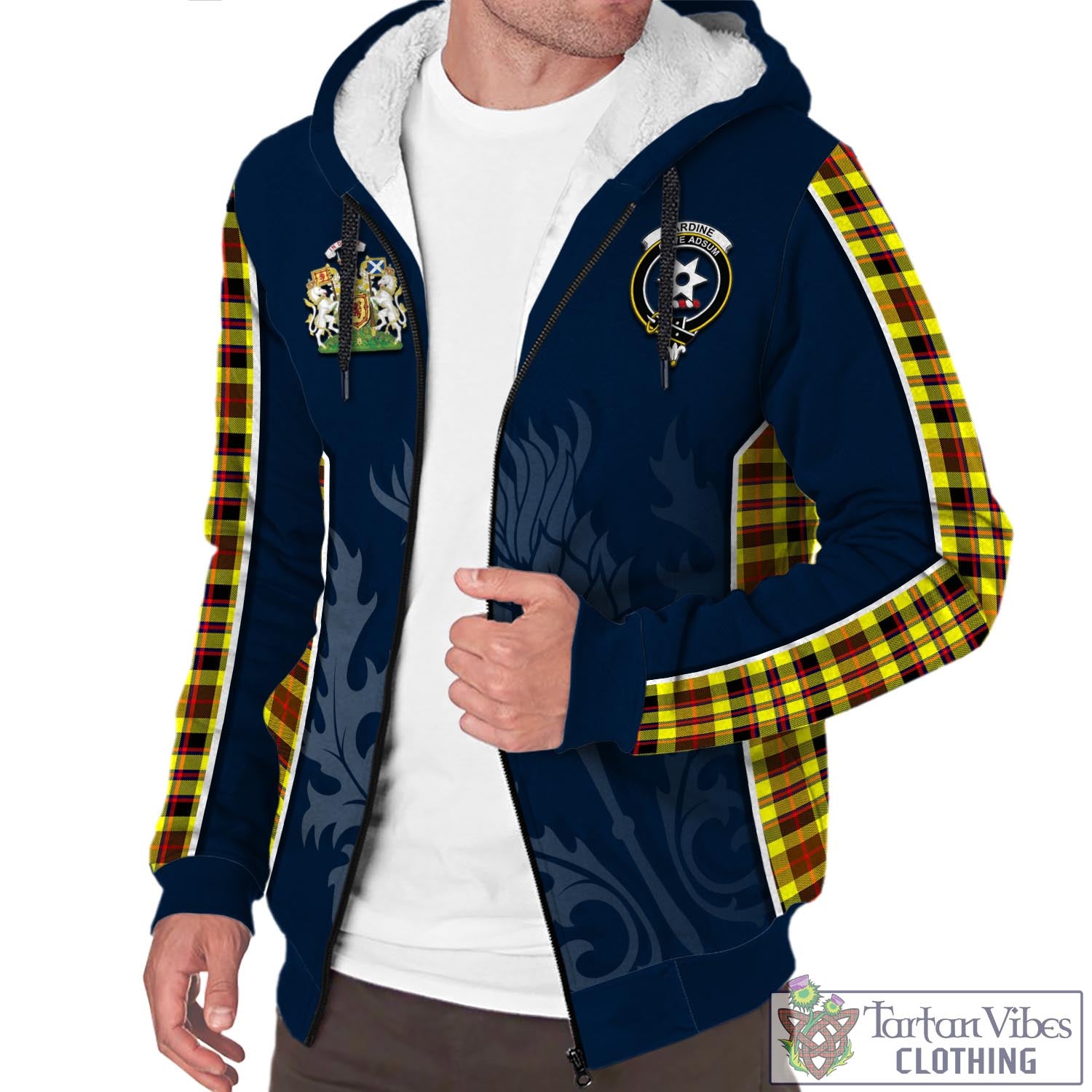 Tartan Vibes Clothing Jardine Modern Tartan Sherpa Hoodie with Family Crest and Scottish Thistle Vibes Sport Style