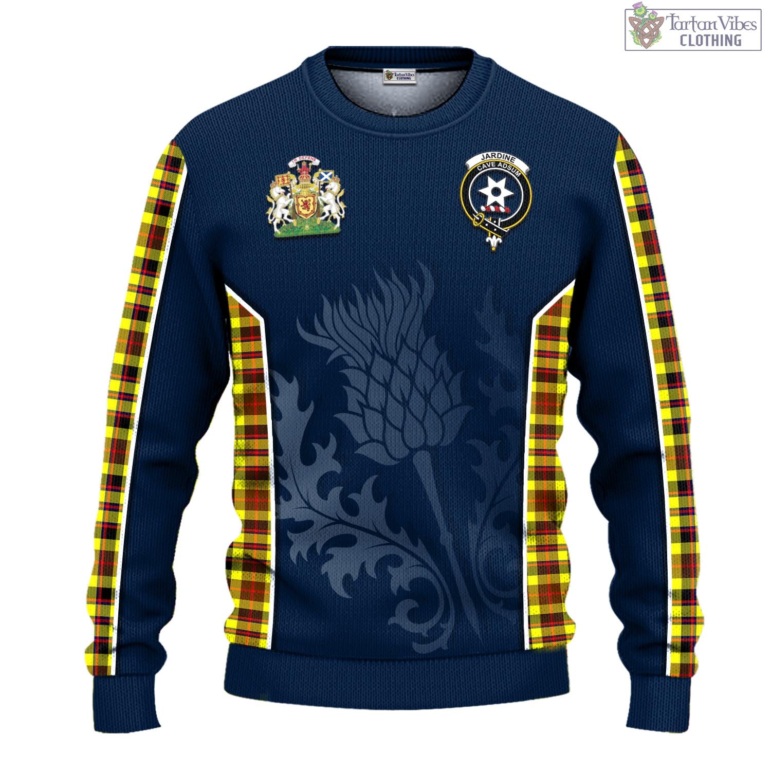 Tartan Vibes Clothing Jardine Modern Tartan Knitted Sweatshirt with Family Crest and Scottish Thistle Vibes Sport Style