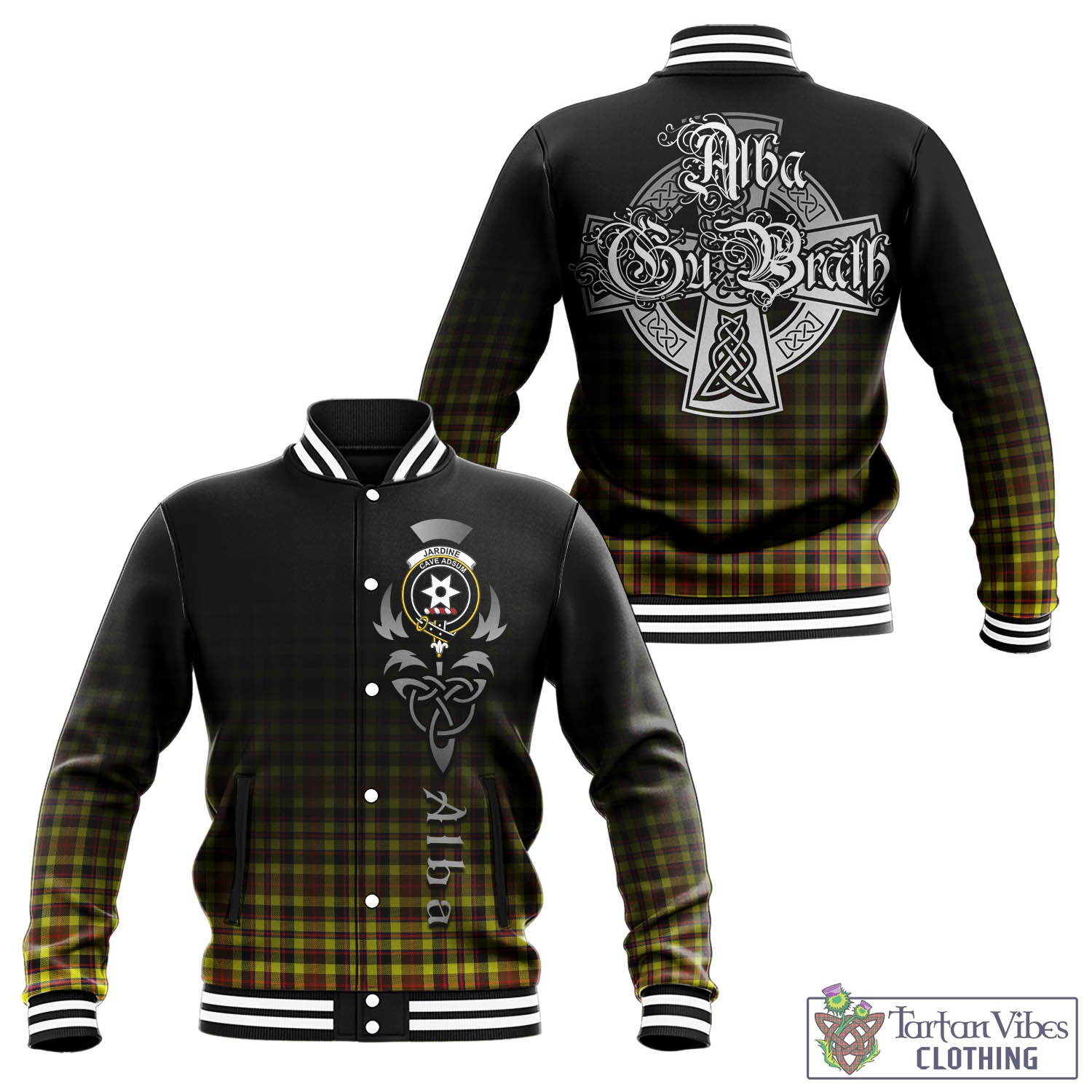 Tartan Vibes Clothing Jardine Modern Tartan Baseball Jacket Featuring Alba Gu Brath Family Crest Celtic Inspired