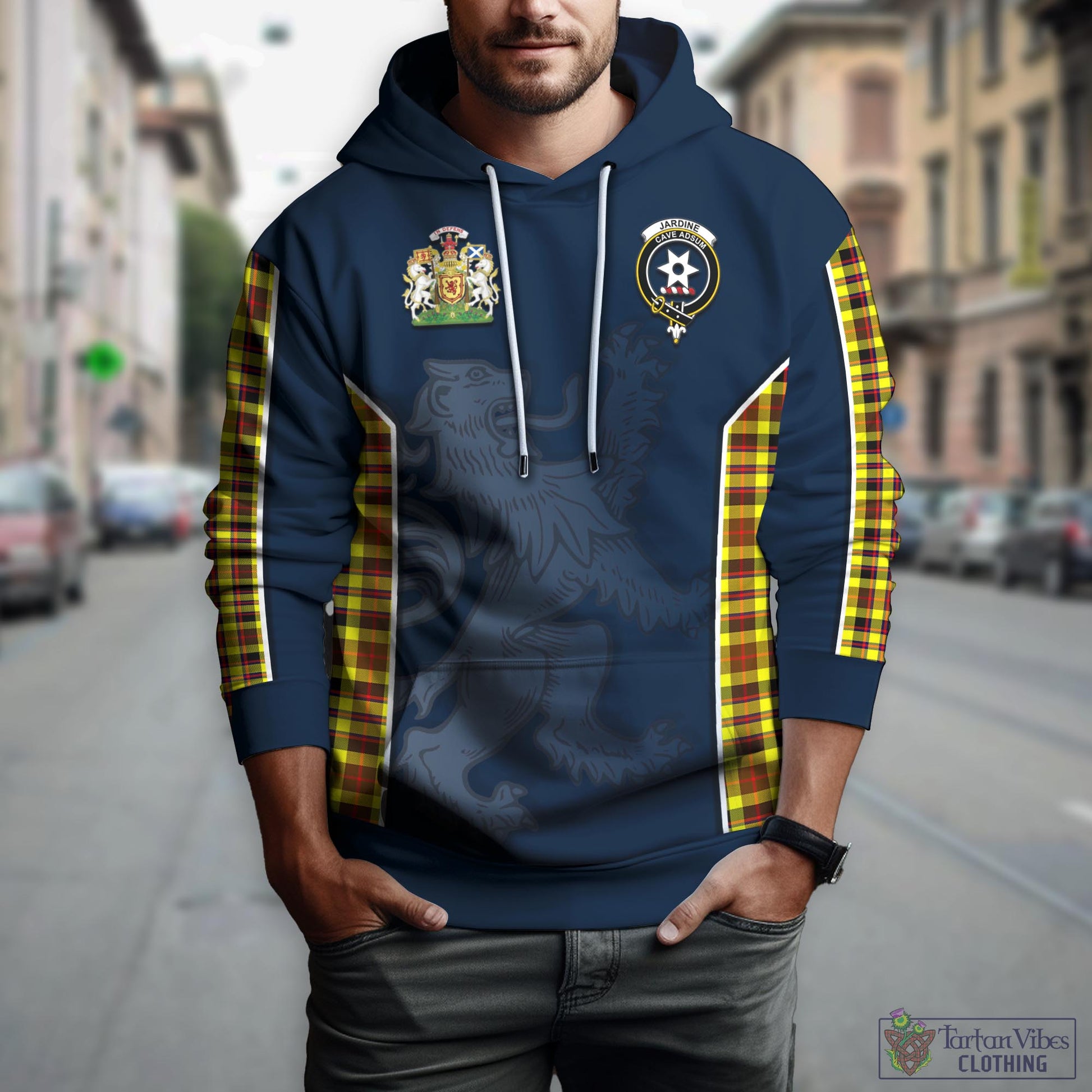 Tartan Vibes Clothing Jardine Modern Tartan Hoodie with Family Crest and Lion Rampant Vibes Sport Style