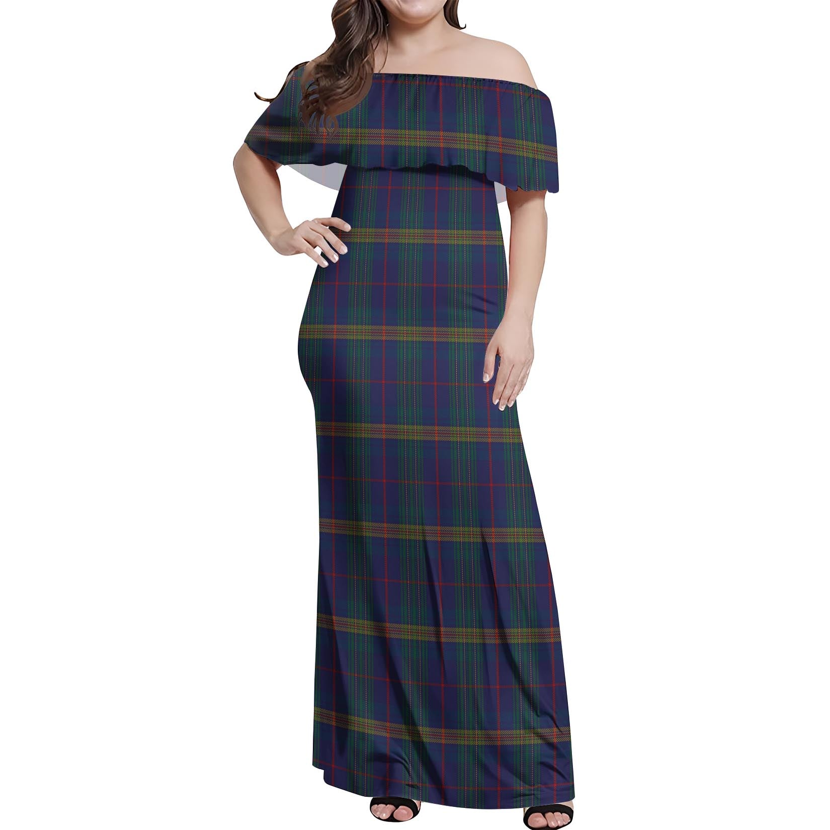 Jenkins of Wales Tartan Off Shoulder Long Dress Women's Dress - Tartanvibesclothing