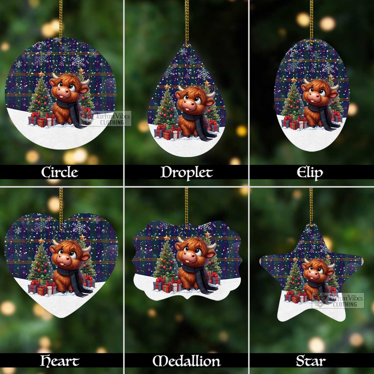 Tartan Vibes Clothing Jenkins of Wales Tartan Christmas Aluminium Ornament with Adorable Highland Coo