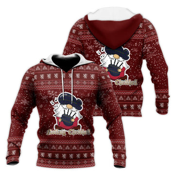 Jenkins of Wales Clan Christmas Knitted Hoodie with Funny Gnome Playing Bagpipes