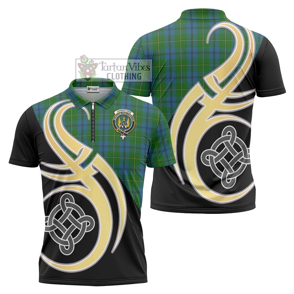 Tartan Vibes Clothing Johnstone Tartan Zipper Polo Shirt with Family Crest and Celtic Symbol Style