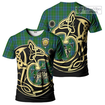 Johnstone (Johnston) Tartan T-Shirt with Family Crest Celtic Wolf Style