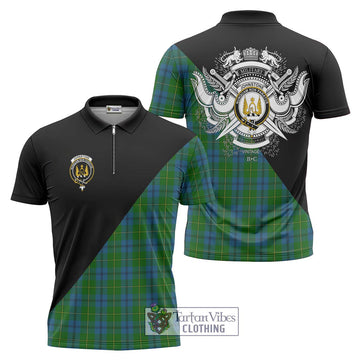 Johnstone (Johnston) Tartan Zipper Polo Shirt with Family Crest and Military Logo Style