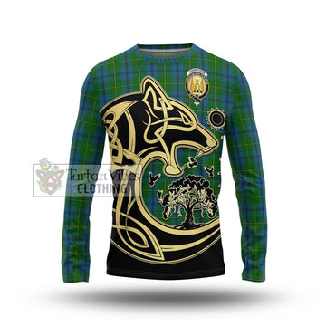 Johnstone (Johnston) Tartan Long Sleeve T-Shirt with Family Crest Celtic Wolf Style