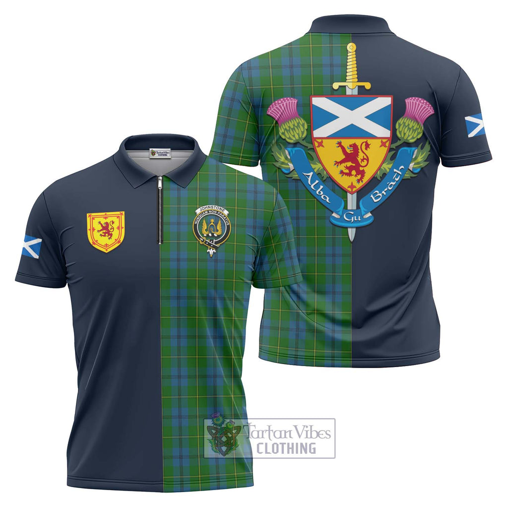 Tartan Vibes Clothing Johnstone Tartan Zipper Polo Shirt with Scottish Lion Royal Arm Half Style