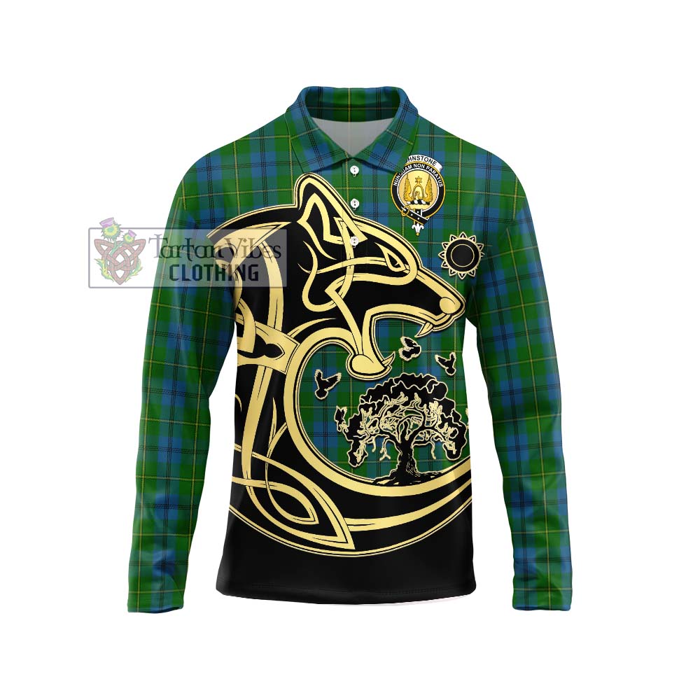 Johnstone (Johnston) Tartan Long Sleeve Polo Shirt with Family Crest Celtic Wolf Style Unisex - Tartanvibesclothing Shop