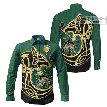 Johnstone (Johnston) Tartan Long Sleeve Button Shirt with Family Crest Celtic Wolf Style