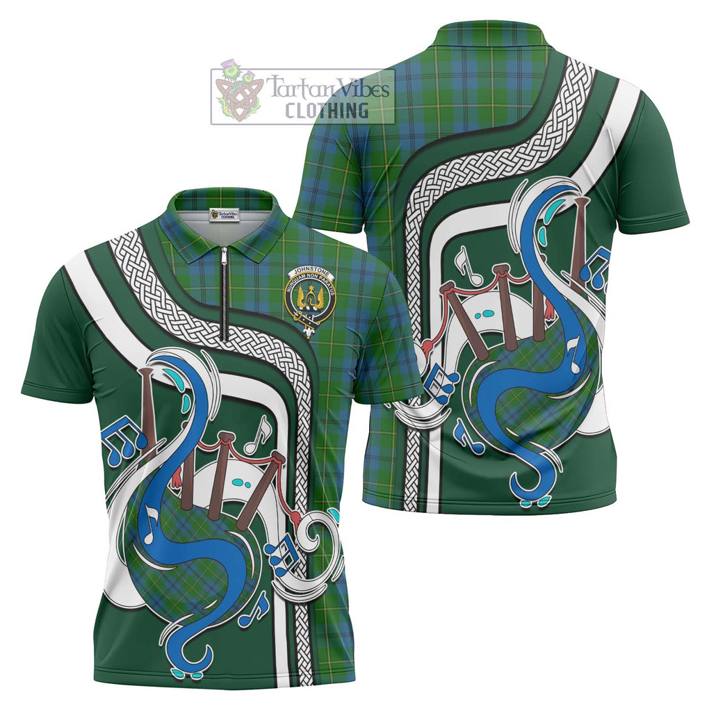 Johnstone (Johnston) Tartan Zipper Polo Shirt with Epic Bagpipe Style Unisex - Tartanvibesclothing Shop