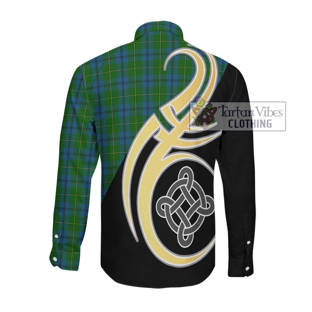 Johnstone (Johnston) Tartan Long Sleeve Button Shirt with Family Crest and Celtic Symbol Style Men's Shirt - Tartan Vibes Clothing