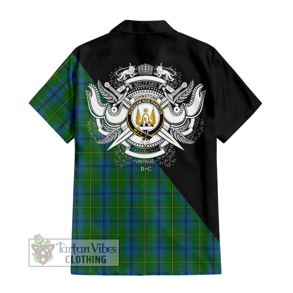 Johnstone (Johnston) Tartan Short Sleeve Button Shirt with Family Crest and Military Logo Style - Tartanvibesclothing Shop