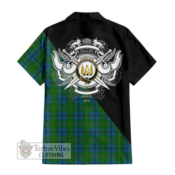 Johnstone (Johnston) Tartan Short Sleeve Button Shirt with Family Crest and Military Logo Style