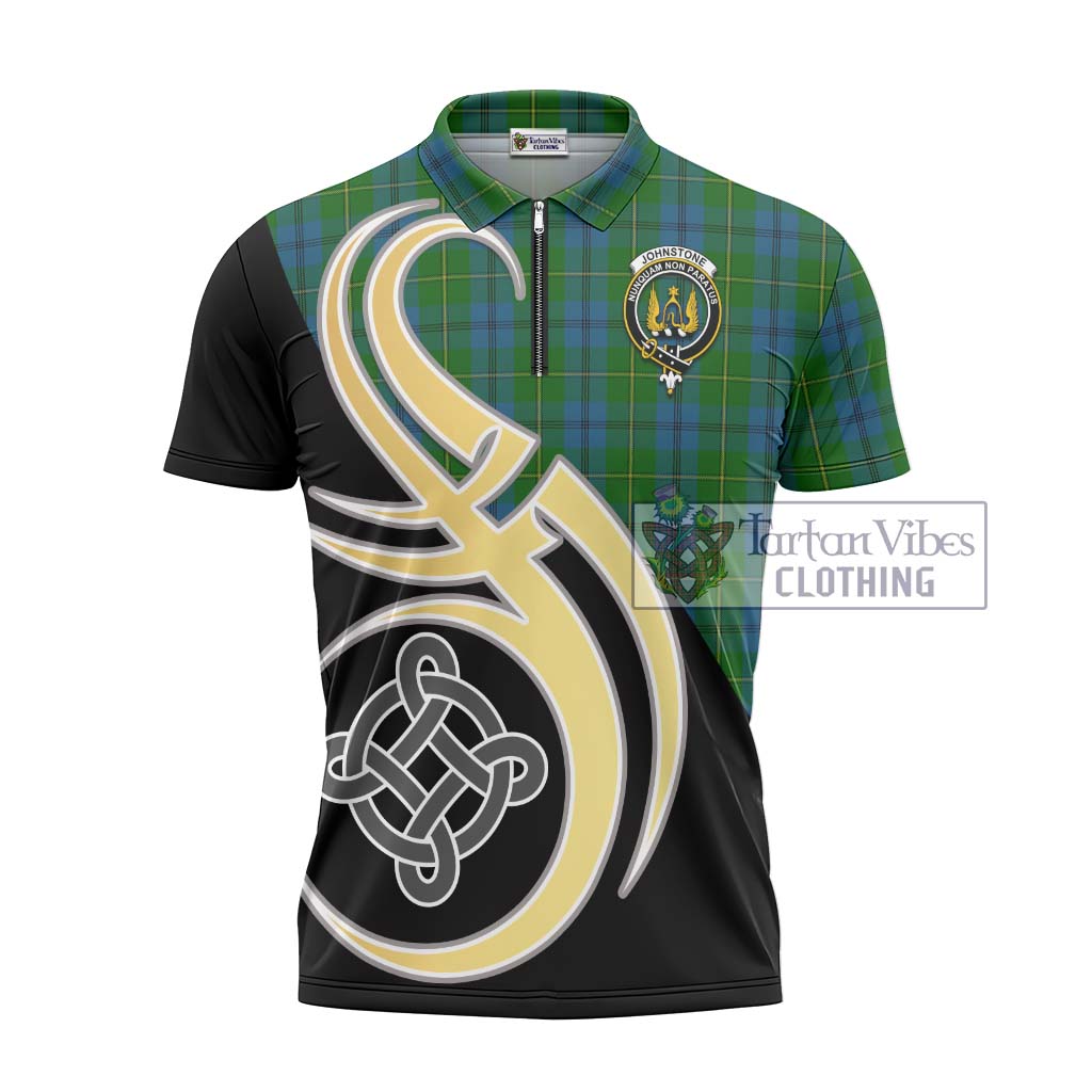 Tartan Vibes Clothing Johnstone Tartan Zipper Polo Shirt with Family Crest and Celtic Symbol Style