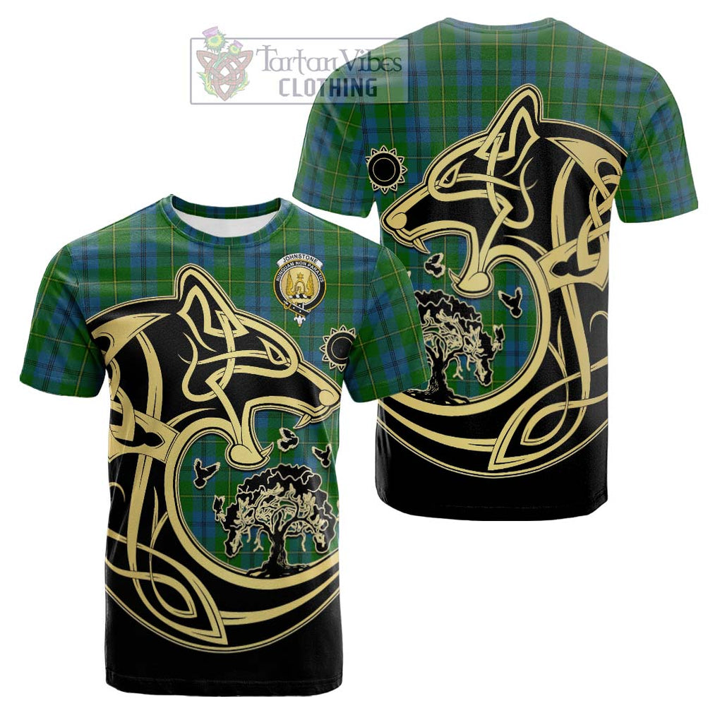 Tartan Vibes Clothing Johnstone Tartan Cotton T-shirt with Family Crest Celtic Wolf Style