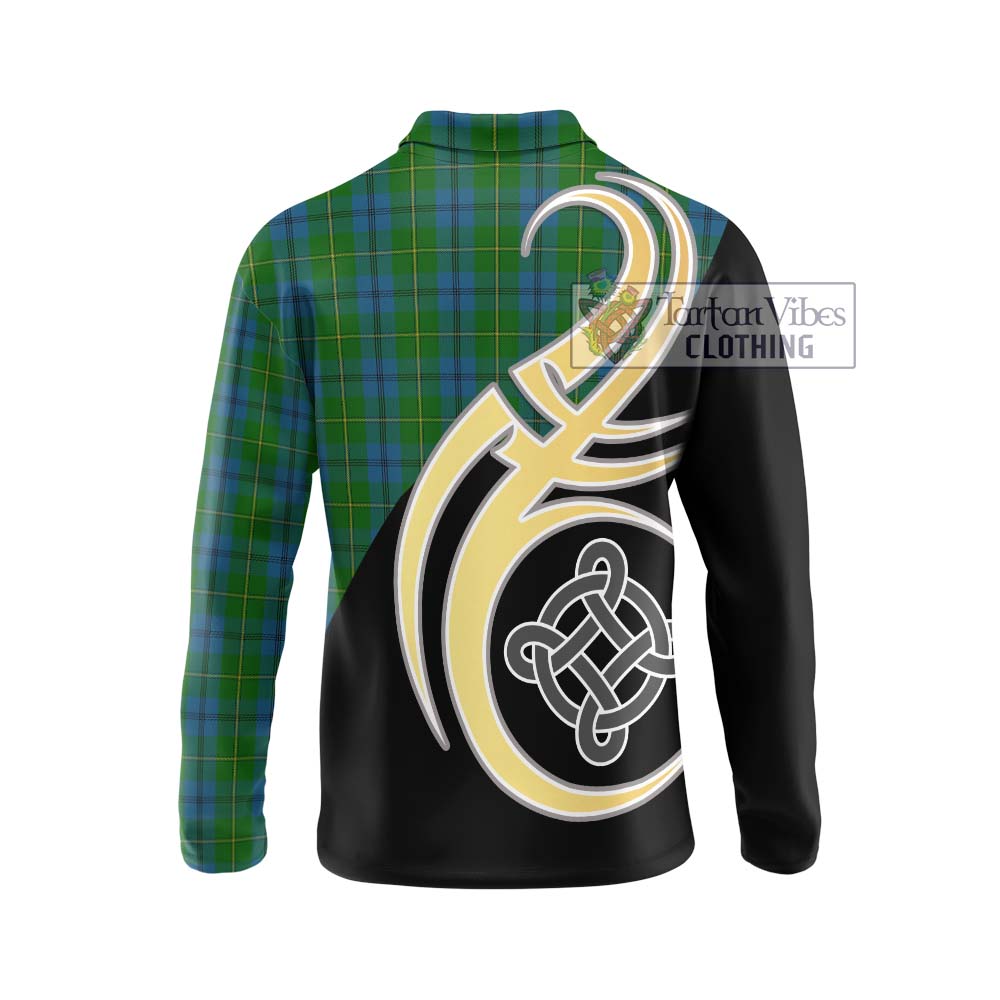 Johnstone (Johnston) Tartan Long Sleeve Polo Shirt with Family Crest and Celtic Symbol Style - Tartan Vibes Clothing