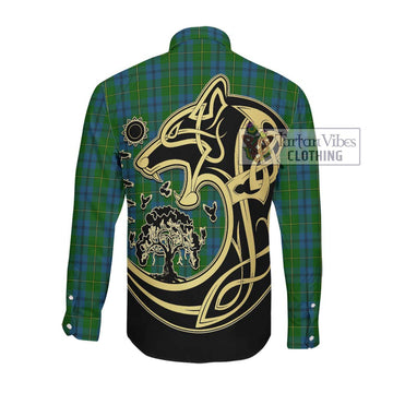 Johnstone (Johnston) Tartan Long Sleeve Button Shirt with Family Crest Celtic Wolf Style