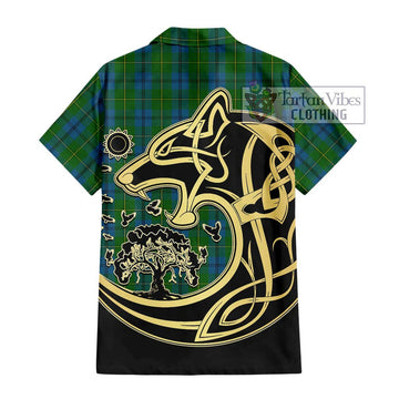 Johnstone (Johnston) Tartan Short Sleeve Button Shirt with Family Crest Celtic Wolf Style