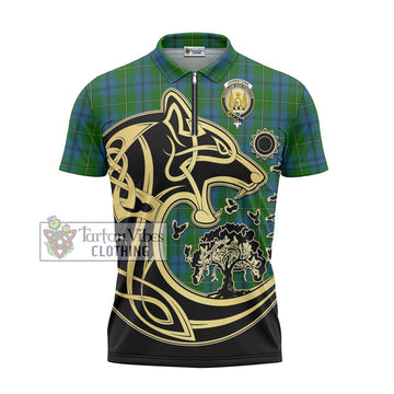 Johnstone (Johnston) Tartan Zipper Polo Shirt with Family Crest Celtic Wolf Style