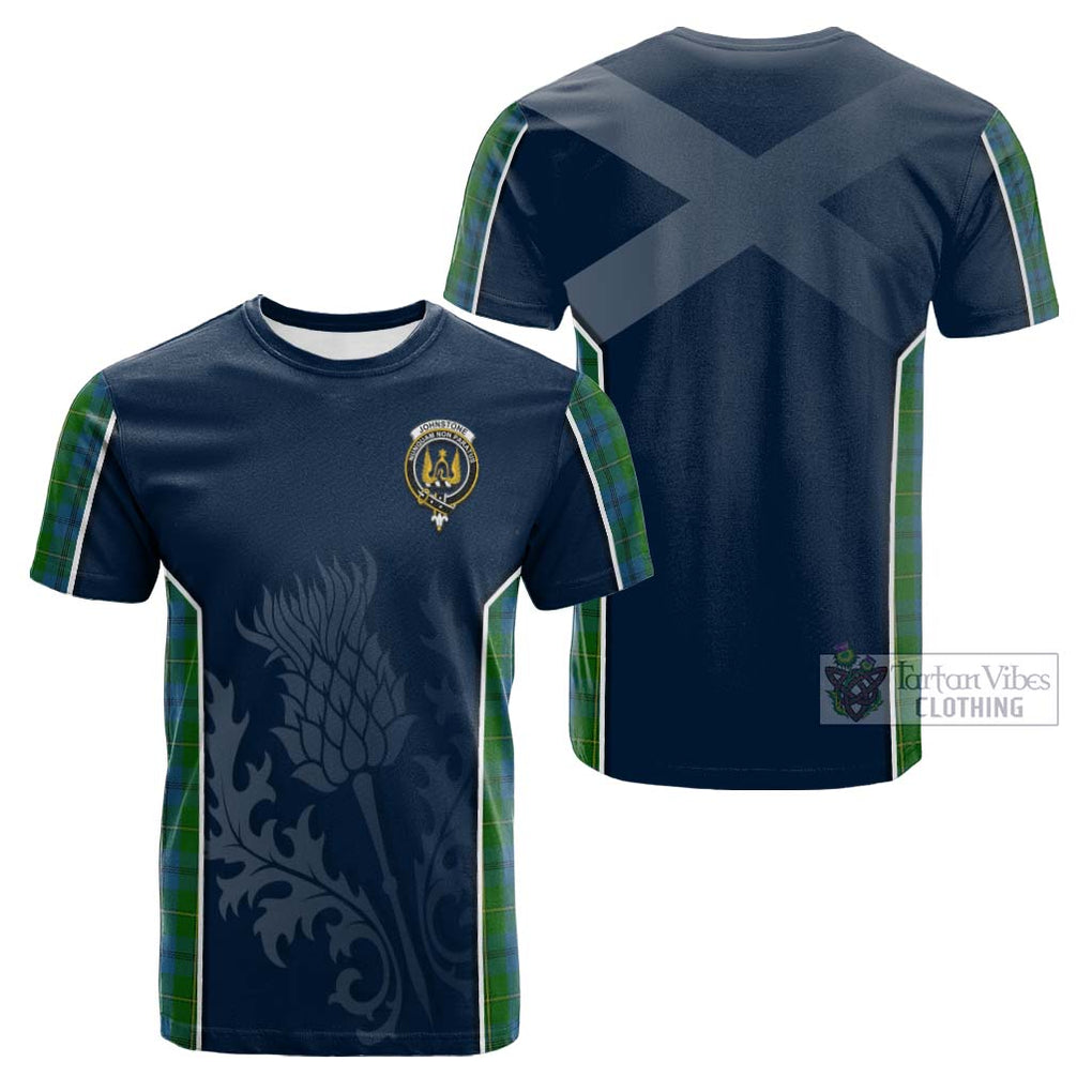 Tartan Vibes Clothing Johnstone Tartan Cotton T-shirt with Family Crest and Scottish Thistle Vibes Sport Style