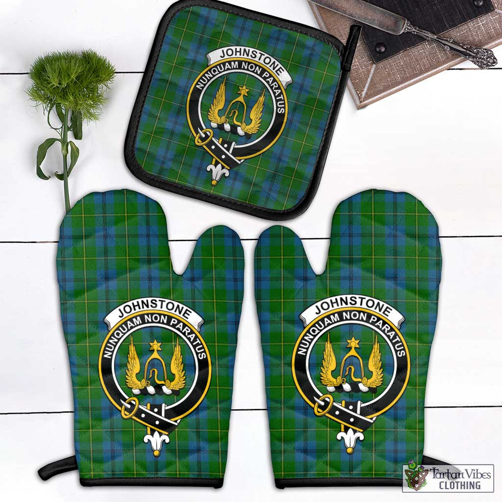 Johnstone (Johnston) Tartan Combo Oven Mitt & Pot-Holder with Family Crest Combo 1 Oven Mitt & 1 Pot-Holder Black - Tartan Vibes Clothing