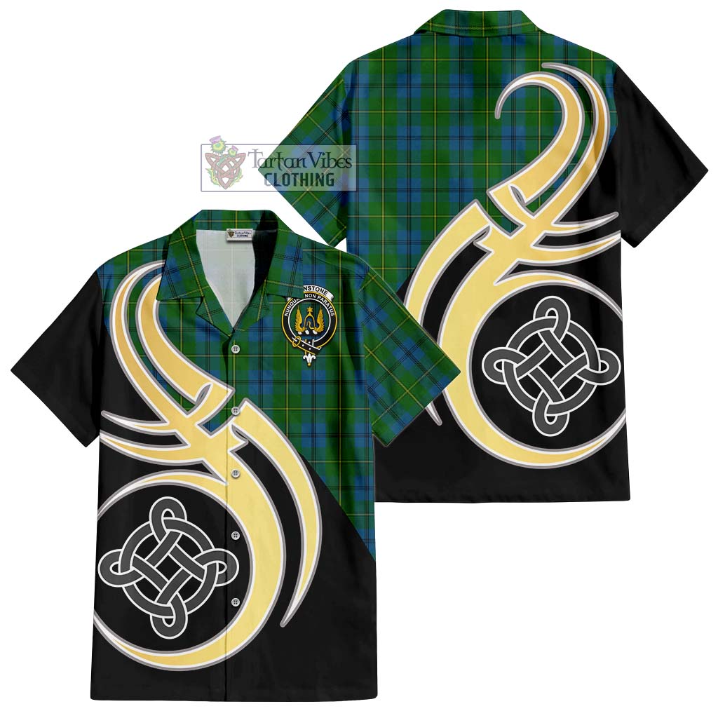 Johnstone (Johnston) Tartan Short Sleeve Button Shirt with Family Crest and Celtic Symbol Style - Tartan Vibes Clothing