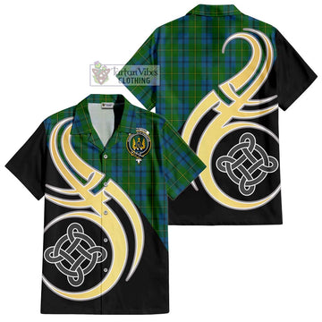 Johnstone (Johnston) Tartan Short Sleeve Button Shirt with Family Crest and Celtic Symbol Style