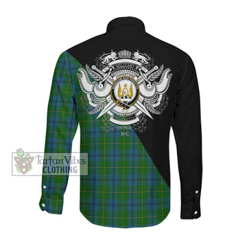 Johnstone (Johnston) Tartan Long Sleeve Button Shirt with Family Crest and Military Logo Style