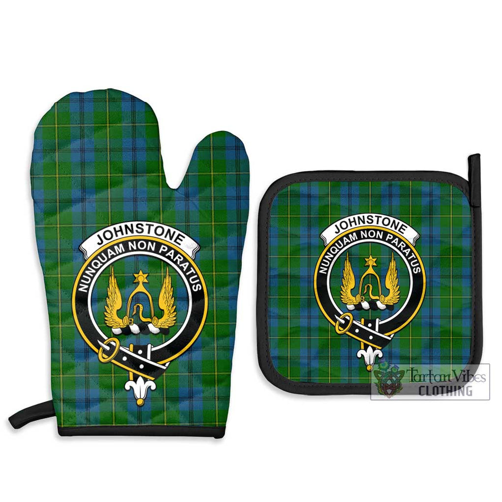 Johnstone (Johnston) Tartan Combo Oven Mitt & Pot-Holder with Family Crest Combo 1 Oven Mitt & 2 Pot-Holder Black - Tartan Vibes Clothing