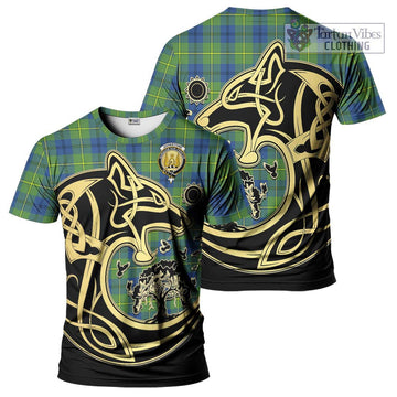 Johnstone Ancient Tartan T-Shirt with Family Crest Celtic Wolf Style