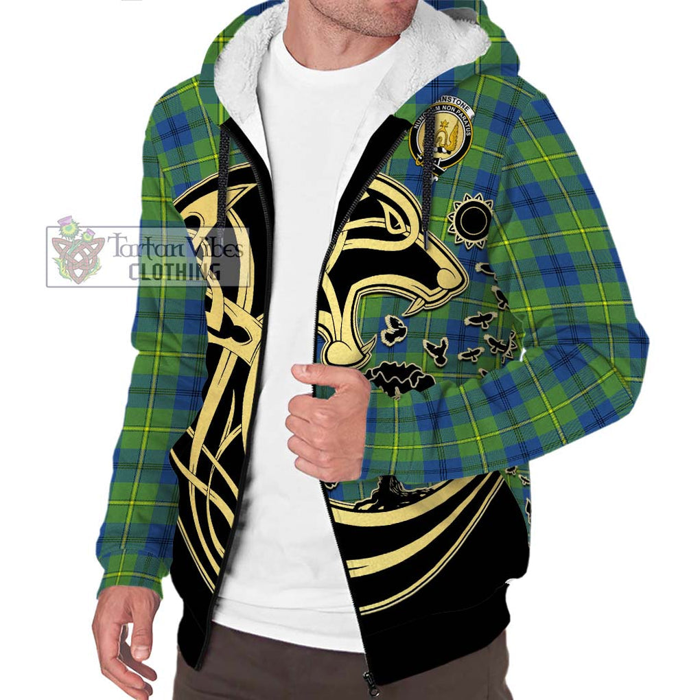 Johnstone Ancient Tartan Sherpa Hoodie with Family Crest Celtic Wolf Style Unisex S - Tartan Vibes Clothing