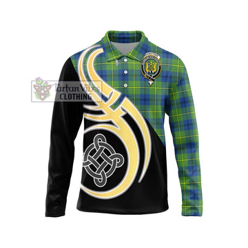 Johnstone Ancient Tartan Long Sleeve Polo Shirt with Family Crest and Celtic Symbol Style