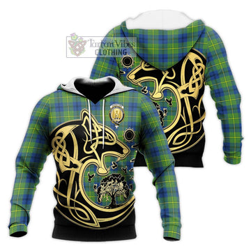 Johnstone Ancient Tartan Knitted Hoodie with Family Crest Celtic Wolf Style