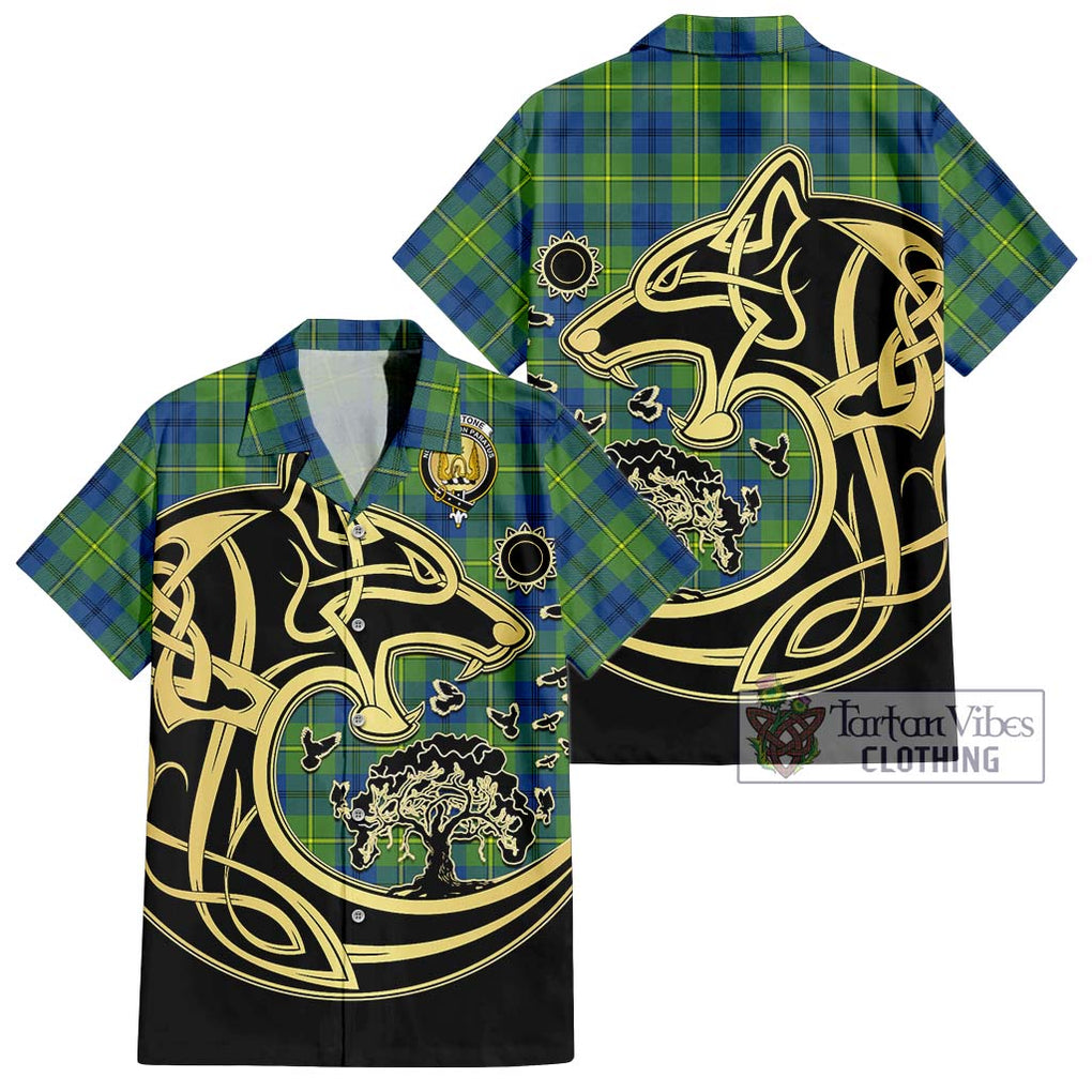 Johnstone Ancient Tartan Short Sleeve Button Shirt with Family Crest Celtic Wolf Style Kid - Tartan Vibes Clothing