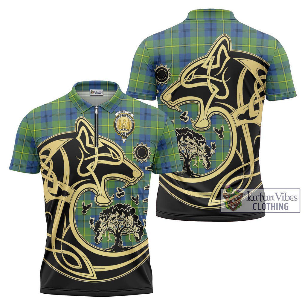 Johnstone Ancient Tartan Zipper Polo Shirt with Family Crest Celtic Wolf Style Unisex - Tartanvibesclothing Shop