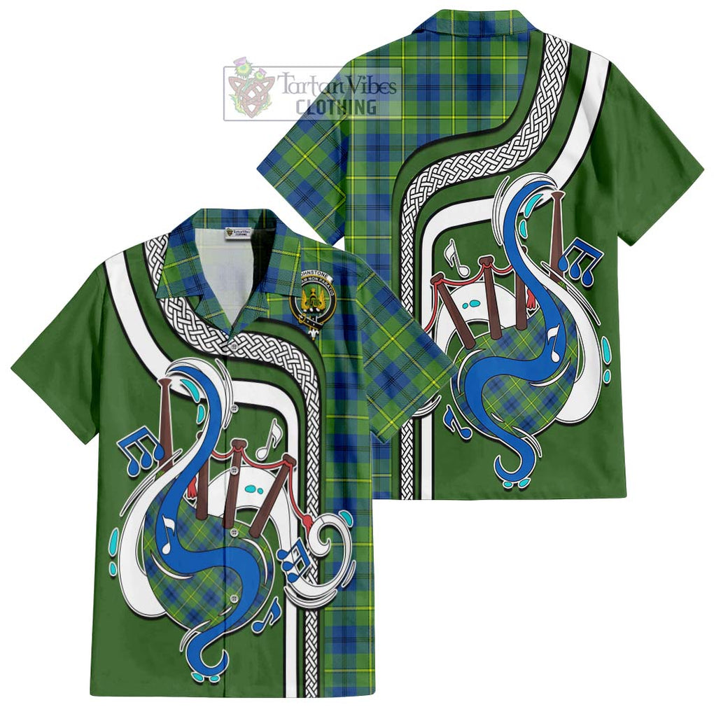 Johnstone Ancient Tartan Short Sleeve Button Shirt with Epic Bagpipe Style Kid - Tartanvibesclothing Shop