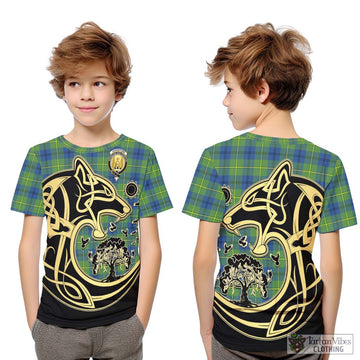 Johnstone Ancient Tartan Kid T-Shirt with Family Crest Celtic Wolf Style